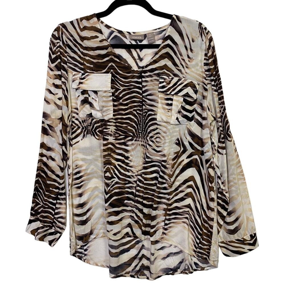 Chico's Brown Animal Print V-neck Popover Blouse Top Size Medium